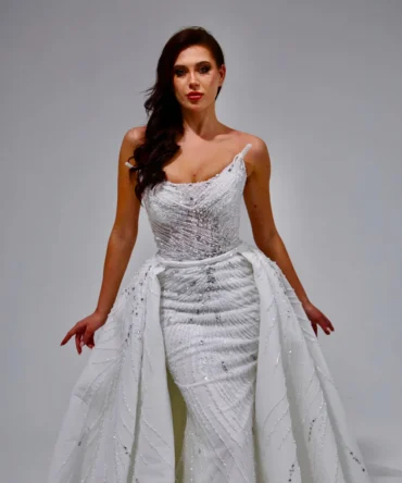 Crystal Embellished Off Shoulder Low Waist Wedding Dress