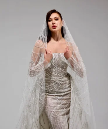 Elegant Pearl Sparkling Open Shoulder Tulle Wedding Dress 1