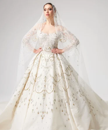 Gold Embellished Off Shoulder Princess Wedding Dress