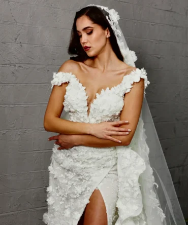 High Slit Floral Lace Wedding Dress 1