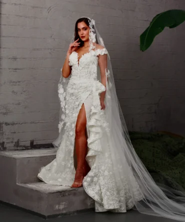 High Slit Floral Lace Wedding Dress