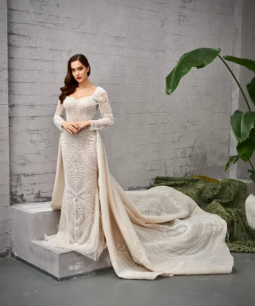 Long Sleeve Lace Embroidered Wedding Dress 1