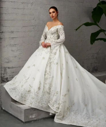 Off Shoulder Gold Embroidered Wedding Dress 1