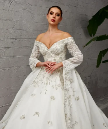 Off Shoulder Gold Embroidered Wedding Dress