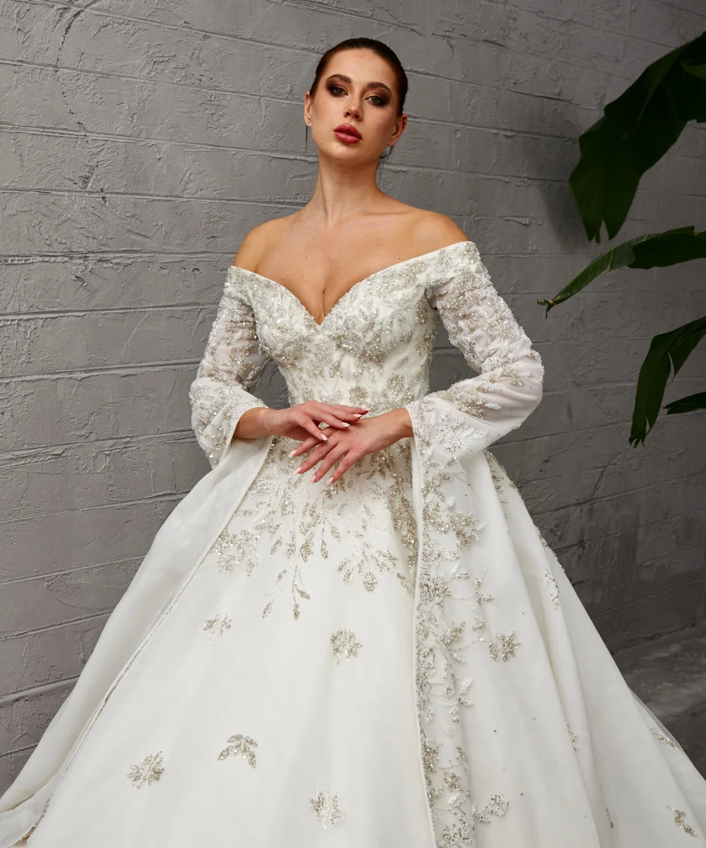 Off Shoulder Gold Embroidered Wedding Dress