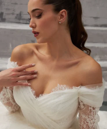 Off Shoulder Tulle Sleeve A-Line Wedding Dress 1
