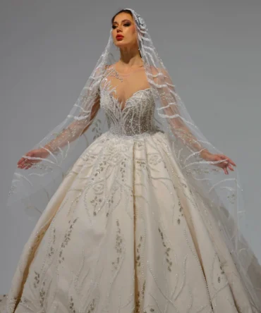 Pearl Detailed Off Shoulder Princess Wedding Dress