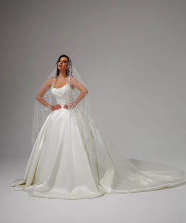 Spaghetti Strap Satin Wedding Dress With Floral Veil