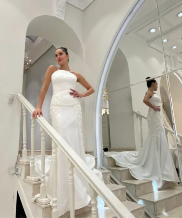 Strapless Pearl Detailed Simple Wedding Dress