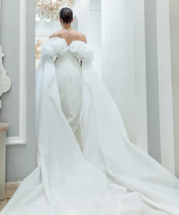 Strapless Puffy Sleeve Sequined Wedding Dress 1