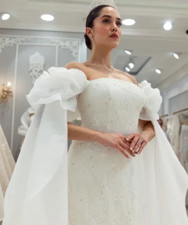 Strapless Puffy Sleeve Sequined Wedding Dress