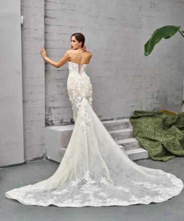 Strapless Sheer Lace Train Wedding Dress 1
